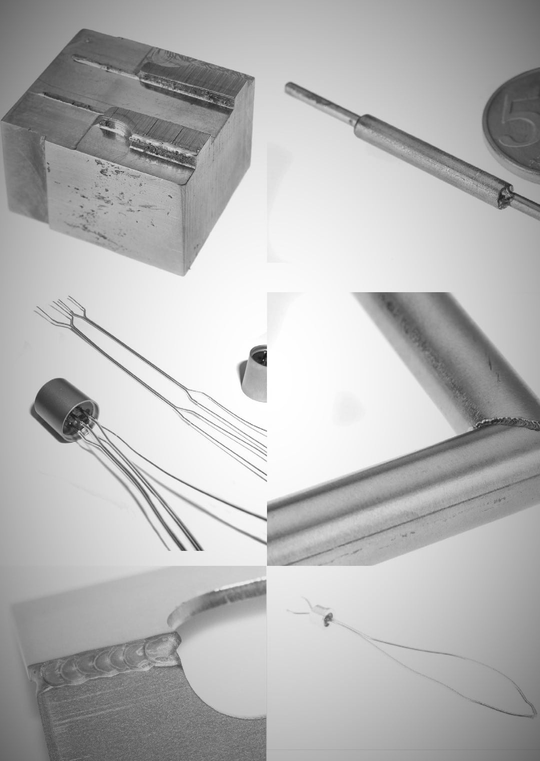 Muster von industriellen Feinschweißungen, mit und ohne Zulegen von Schweißdraht, geschweißt mit dem Präzisionsschweißgerät Micro Arc Welder von Lampert - Samples of industrial fine weldings, with or without using a welding wire, welded with the precision welder "Micro Arc Welder" from Lampert