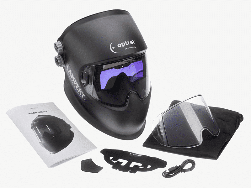 Bluetooth-gesteuerter Schweißhelm Precisionmaxx von Lampert und Optrel für die Micro Arc Welder Serie hier zu sehen mit zugehörigem Lieferumfang - Bluetooth controlled welding helmet Precisionmaxx for the Micro Arc Welder series from Lampert and Optrel shown together with the corresponding scope of delivery