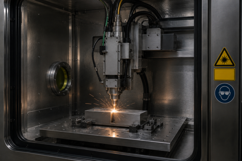Faserlaser beim Schweissen in geschlossener Laserschutzkabine mit Warnhinweisen